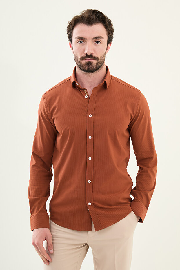 Seersucker Slim Fit Cotton Men's Shirt Tile - 27081.25Y