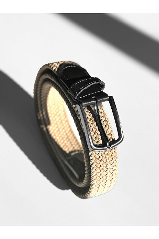 Men's smart casual knitted belt with metal buckle - beige