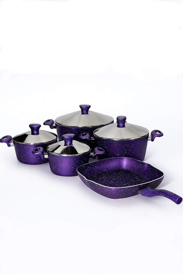 Purple Granite Cookware and Grill Pan Set - 9 Pieces - XXL - Thick Material - Long Lasting