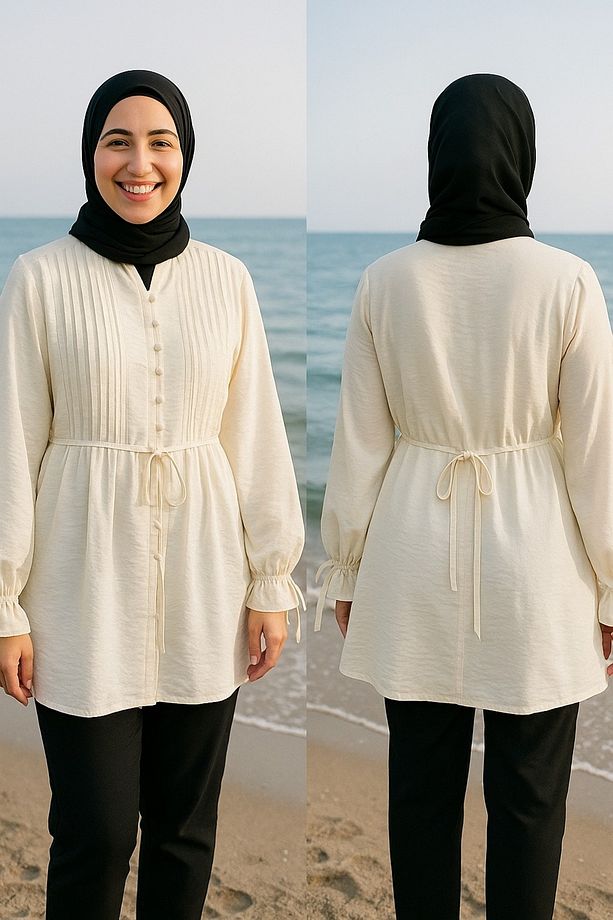 Düğme Detaylı Modal Kumaş Beli Bağcıklı Tunik - 2