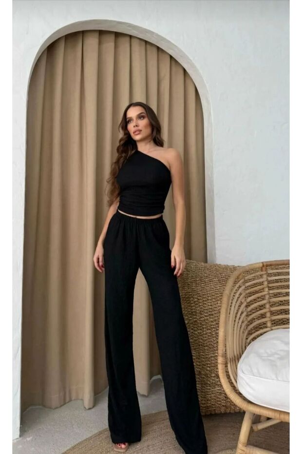 Women's Lycra Wrinkle Fabric Single Shoulder Crop and Loose Pants Double Suit
