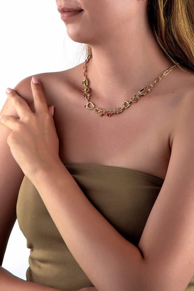 Pastel Color Stone Free Form Chain Necklace with Gold Colored Paper Clip Chain