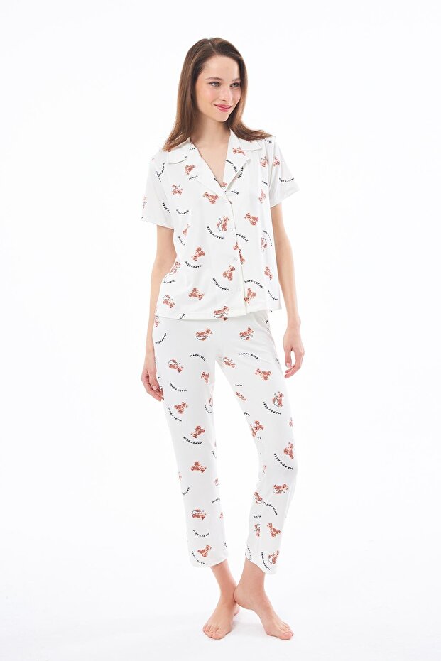 Premium Women's Pajama Set Teddy Bear Patterned Soft Textured Short Sleeve Shirt Collar