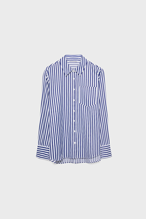 Çizgili poplin kumaşlı, cepli basic gömlek - 6