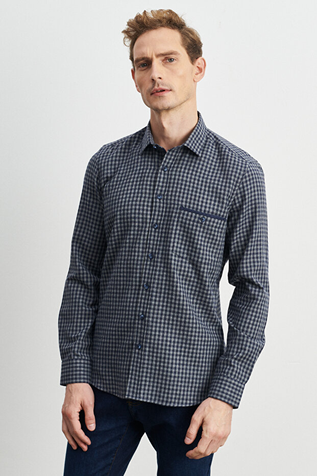 Men's Navy Blue-gray Slim Fit Button-Up Collar Gingham Flannel Lumberjack Shirt