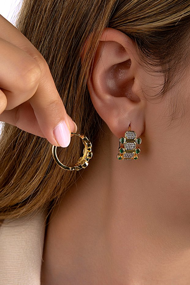 Geometric Steel Hoop Earrings with Gold Color Green Stone Detail