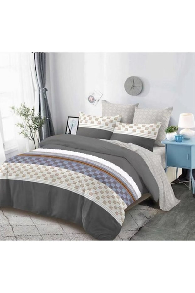 Double Bed Sheet Set with Elastic, Checkered Pattern, 6 Pieces