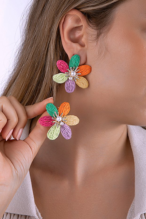 Colorful Flower Figured Straw Earrings with Pearl and Stone Detail