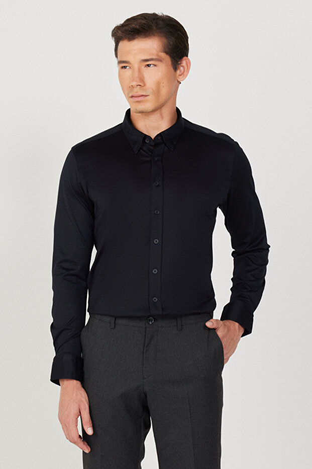 Men's Black Slim Fit Narrow Cut Hidden Button Collar 100% Cotton Shirt