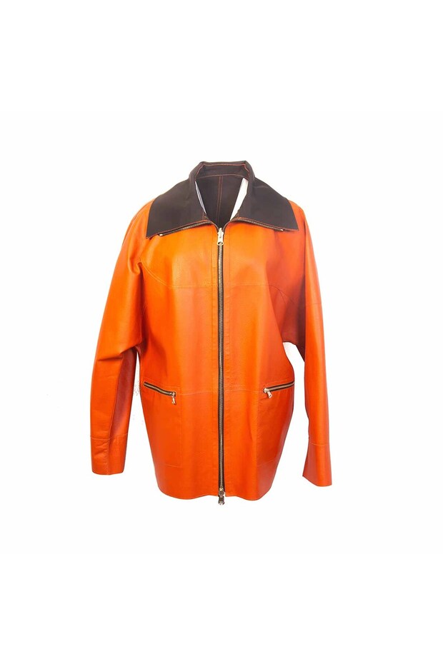 Women's Genuine Leather Orange Leather Coat