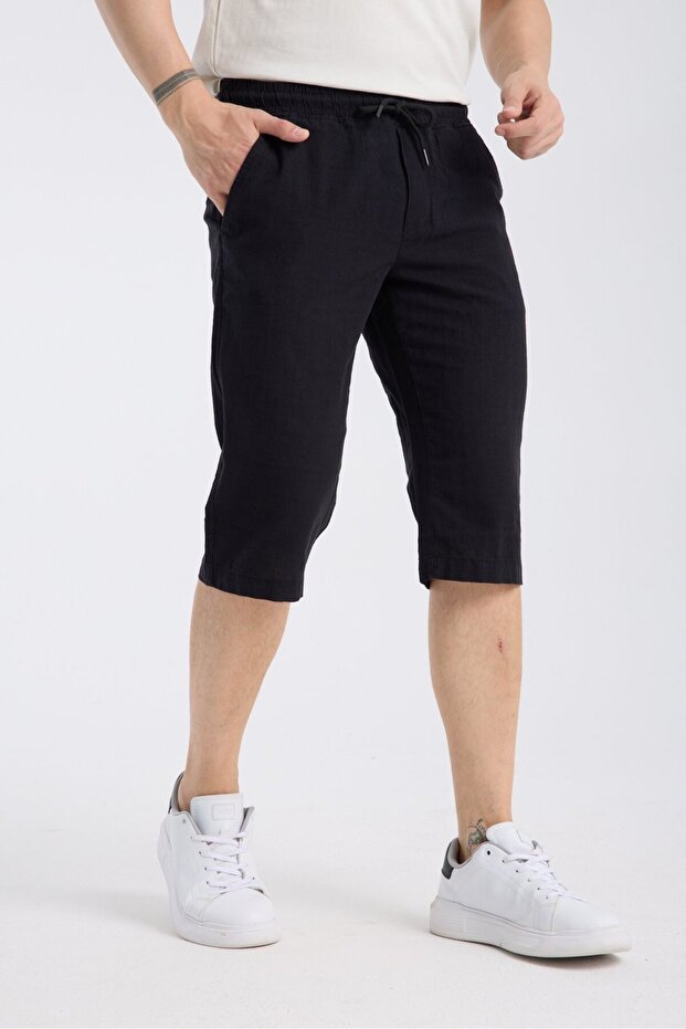 Men's Cotton Linen Bermuda Capri Long Shorts with Elastic Waist Below the Knee
