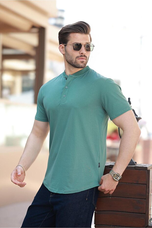 Green Judge Collar Button Detailed Short Sleeve T-Shirt 7021