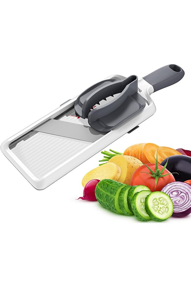 Handheld Mandoline Slicer, Adjustable Stainless Steel Blade, Comfort Grip, Safety Features, E