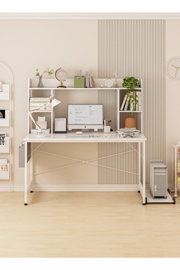 Study Desk with Bookshelf, Computer Table Home Office Desks With Storage Bag,CPU Holder - 7