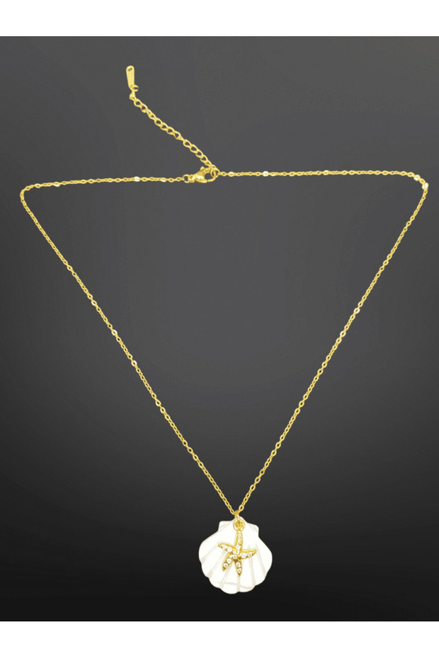 Gold Color Chain Mussel and Starfish with Stones 316L Steel Necklace – Summer Themed Elegant Jewelry