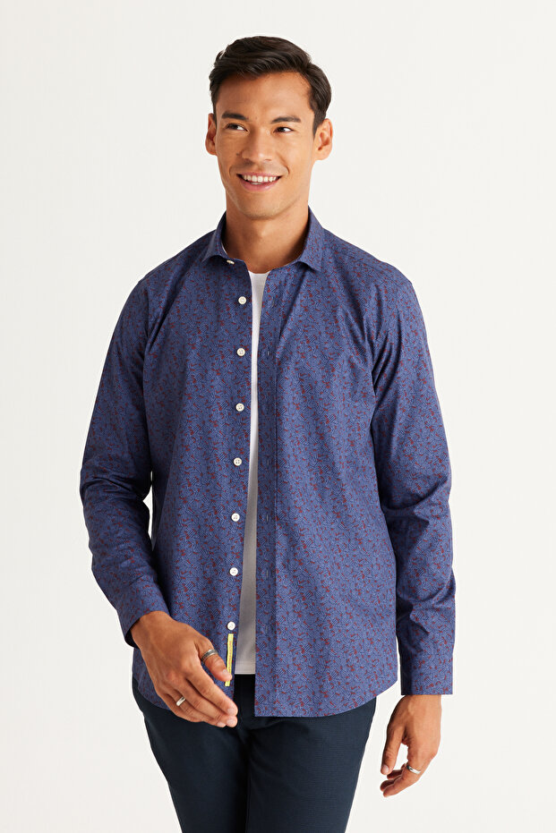 Men's Blue-Claret Red Slim Fit Slim Fit Small Italian Collar 100% Cotton Printed Shirt