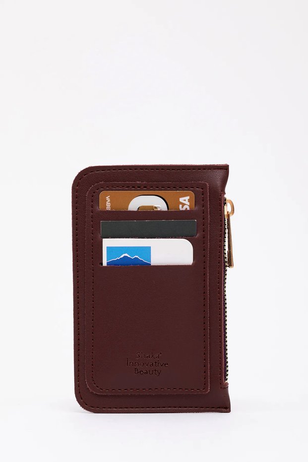 Burgundy Shk101 Faux Leather Card Holder Wallet with 6 Card Holders and Zippered Coin Compartment