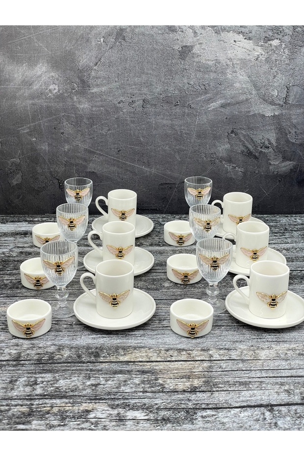 6 Kişilik Porselen Arı Fincan Takımı Seti ve 6 Adet Porselen Arı Lokumluk ve 6 Adet Cam Bardak - 1