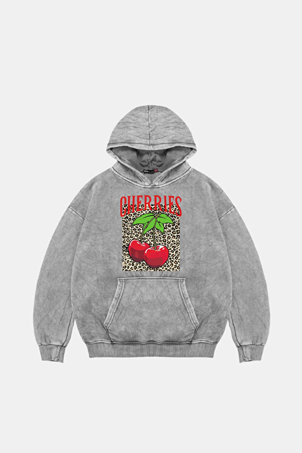 Cherries Leopard Printed Washable White Hoodie