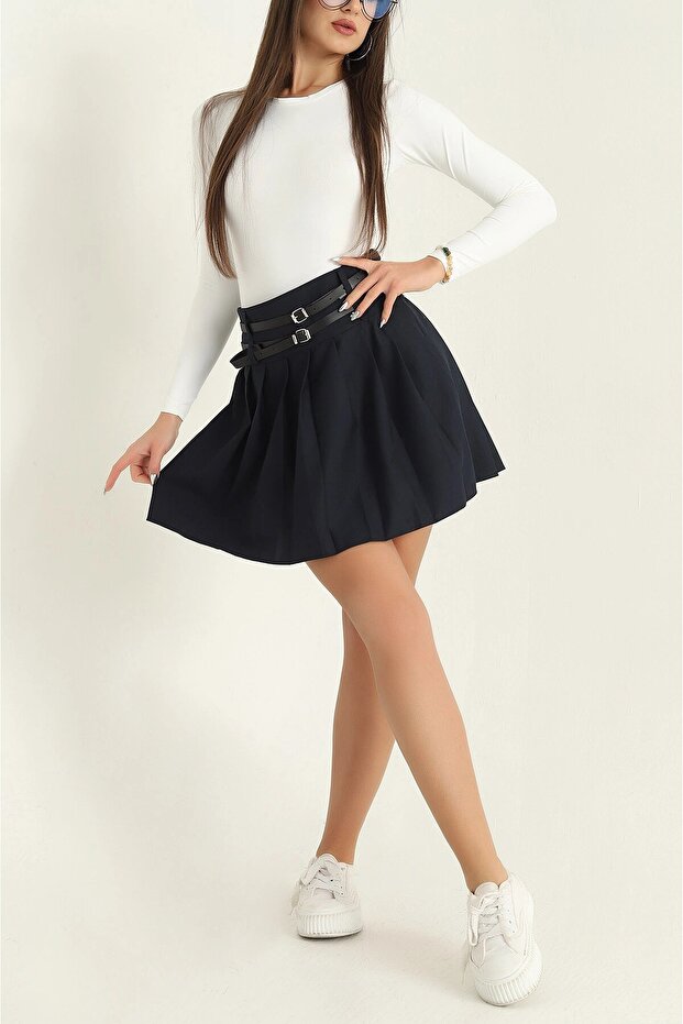 Navy Blue Zippered Belted Pleated Atlas Skirt 320415