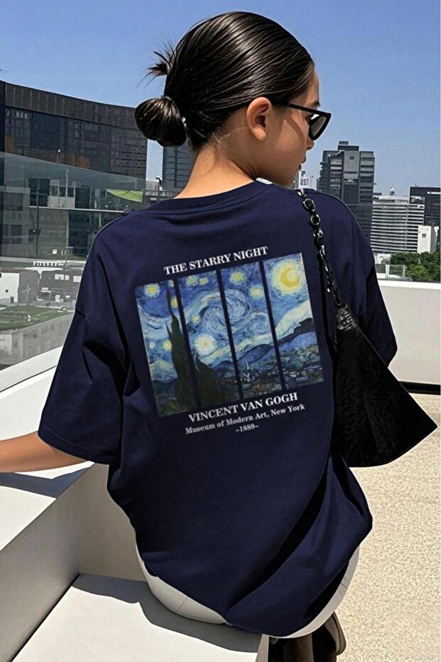 Women's Navy Blue Back Van Gogh Printed Oversize Loose T-Shirt