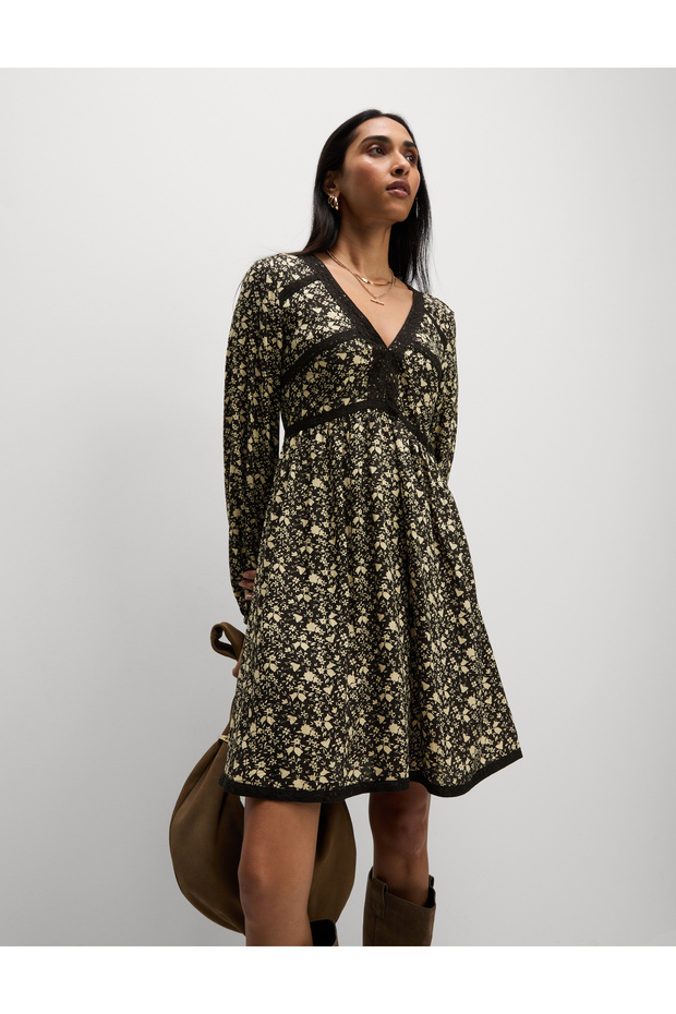 Baskılı Dantel Detaylı Mini Elbise - 5