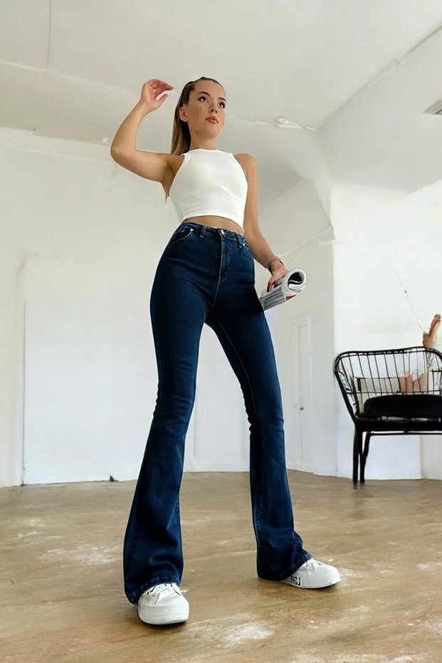 Mona Dark Blue Non-Fading Lycra High Waist Denim Spanish Leg Jeans