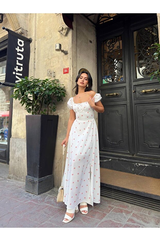 ÇİÇEK DESENLİ YIRTMAÇLI YAZLIK KADIN ELBİSE - 3