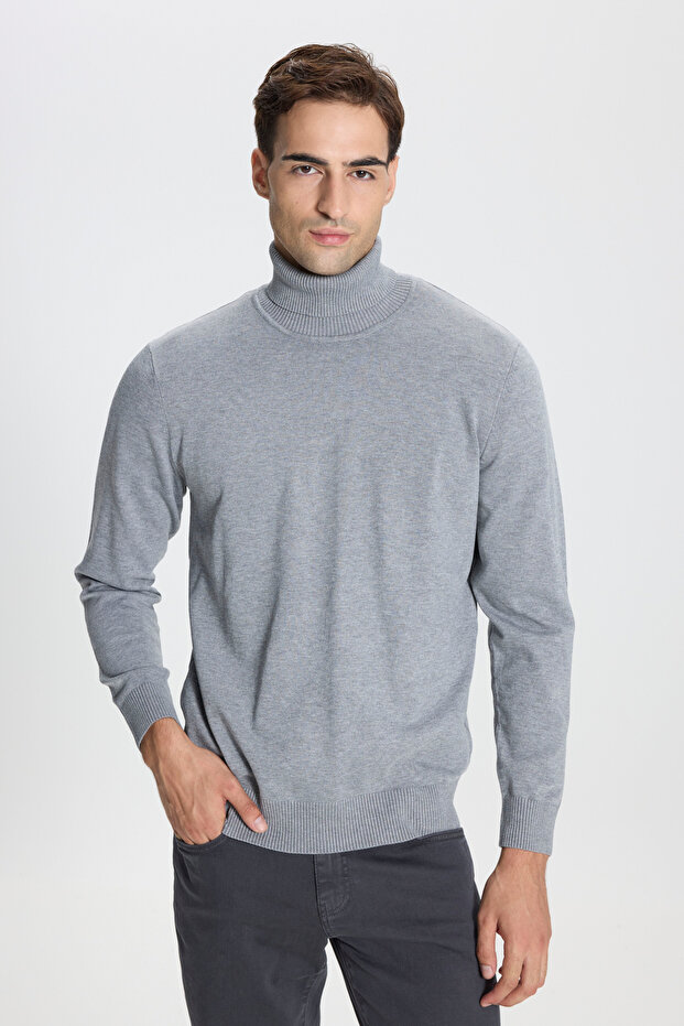 Men's Gray Melange Standard Fit Normal Cut Full Turtleneck Knitwear Sweater