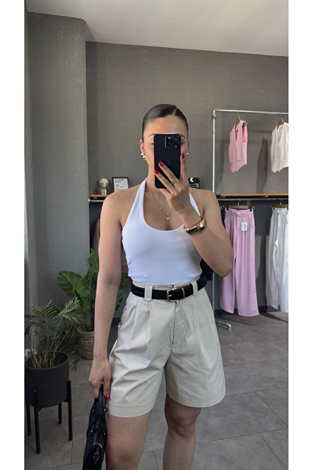 بلوزة مضلعة بياقة رسن وظهر مكشوف - 1