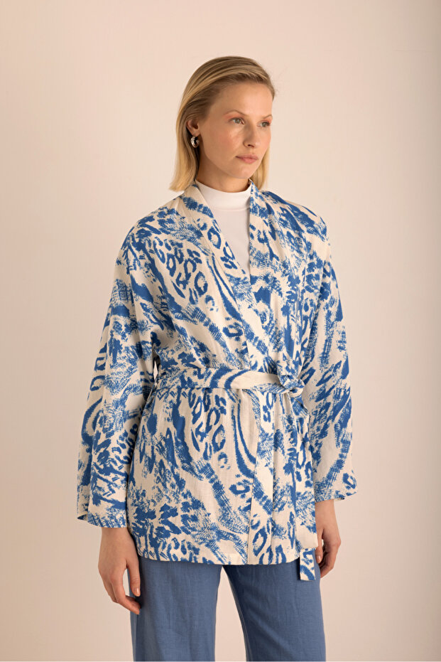 Desenli Viscon Keten Kimono - 2