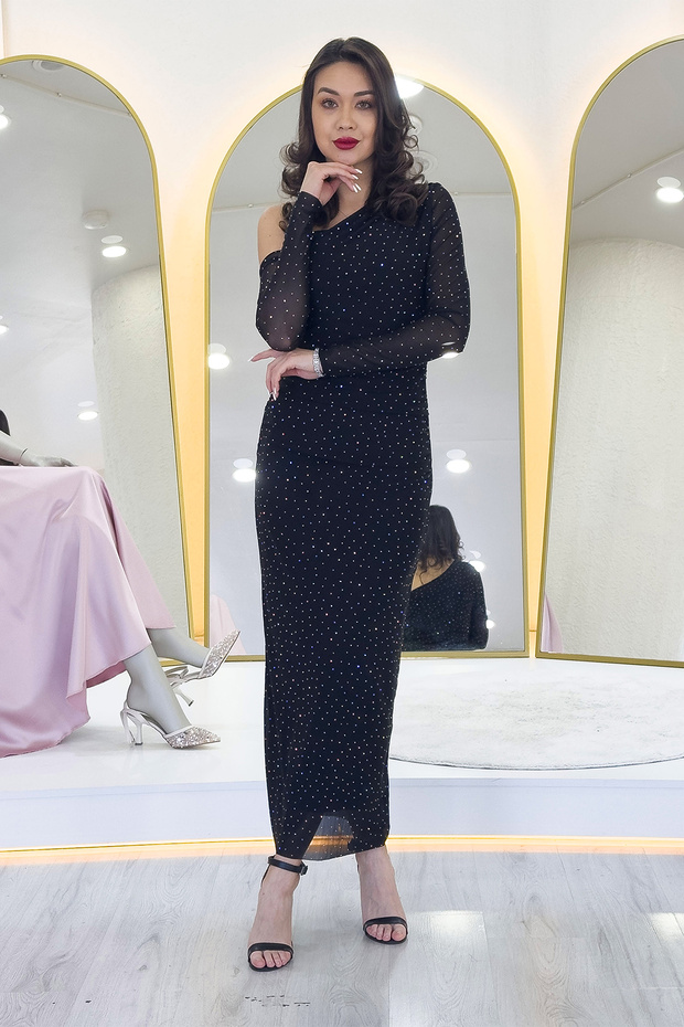 Kadın Siyah Tek Omuz Taşlı Midi Boy Tül Elbise - 2