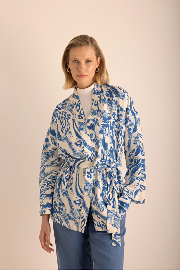 Desenli Viscon Keten Kimono - 1