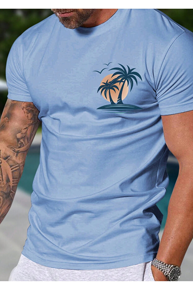 "Men's Summer Oversized Printed T-Shirt - Palm and Sunset Pattern"