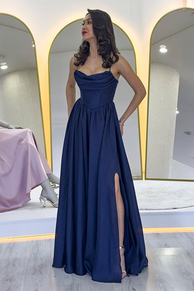 Women's Backless Corset Detail Slit Evening Dress Navy Blue, Red, Baby Blue