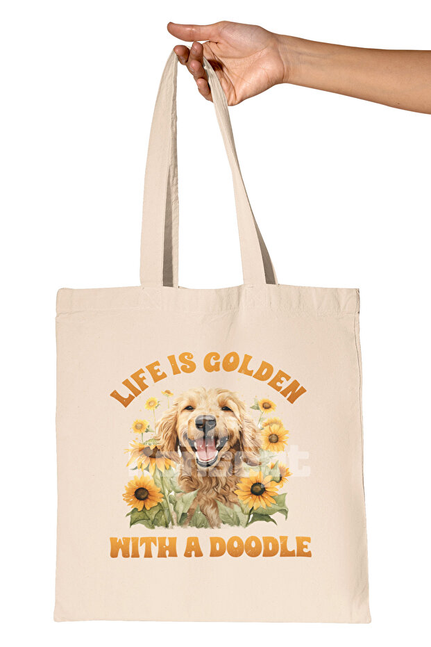 Life Is Gold with a Doodle Dog Lover Printed Gift Organic Raw Cloth Bag