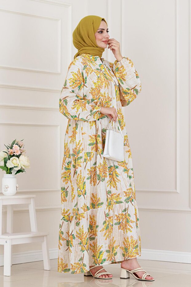 فستان ميموزا منقوش بنصف أزرار - أصفر - 3