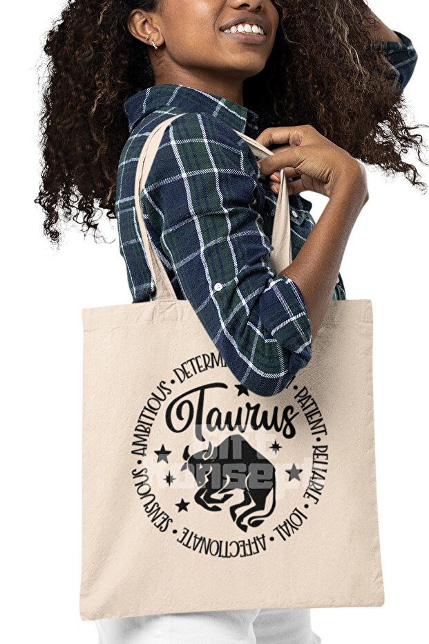Taurus Personality Traits Themed Taurus Character Printed Gift Organic Raw Cloth Bag