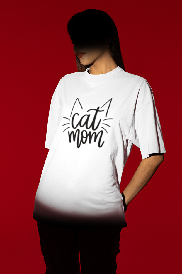 Cat Mom Printed Women's Circle Neck Cotton Oversize Short Sleeve T-Shirt