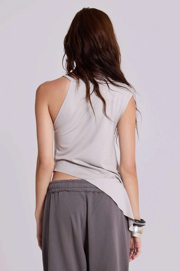 Kadın Gri Asimetrik Tek Omuz Drapeli Jersey Crop Bluz - 8