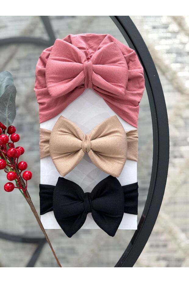 Baby Double Layer Bow Baby Bonnet & Baby Bandana Hair Band Set of 3 (0-18 Months)