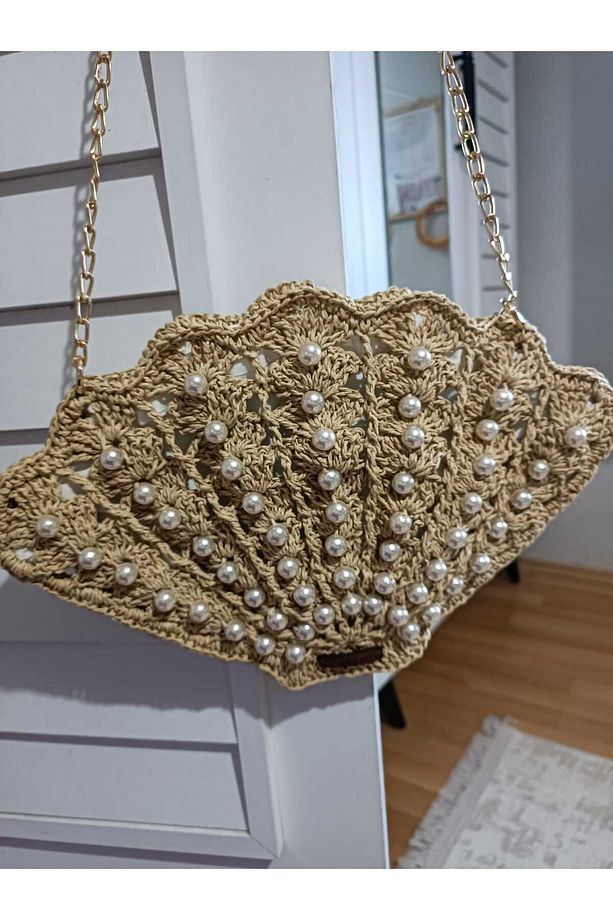 Midye model hasır renk kağıt iple örülen çanta - 5
