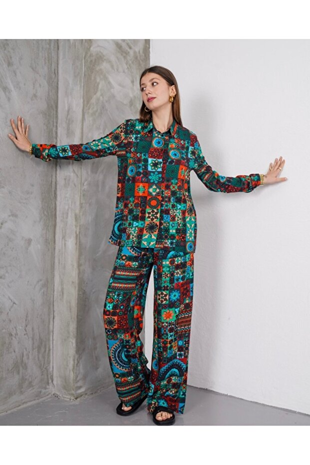 Women's Ethnic Patterned Bottom Top Shirt Pants Viscose Suit