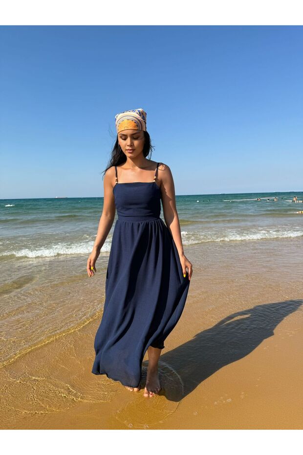 Square neck linen dress with suspender back cross tie