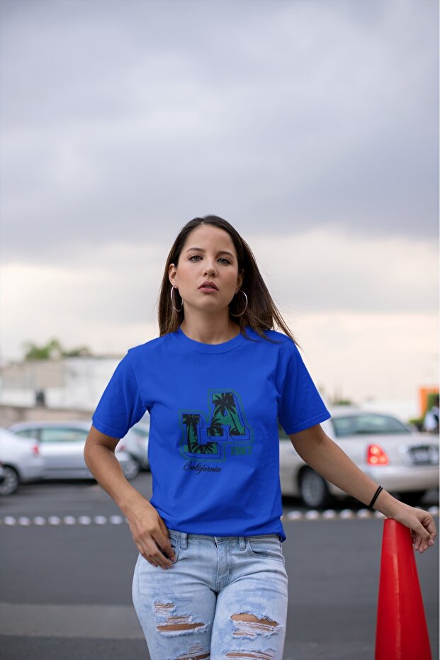 Men/Women La Transfer Printed Round Neck Short Sleeve T-Shirt