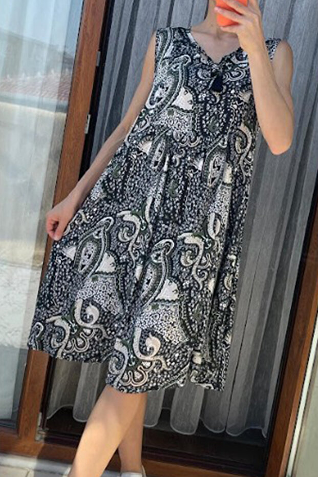Women's Black V-Neck Patterned Side Pocket Loose Relaxed Cut Sleeveless Midi Dress