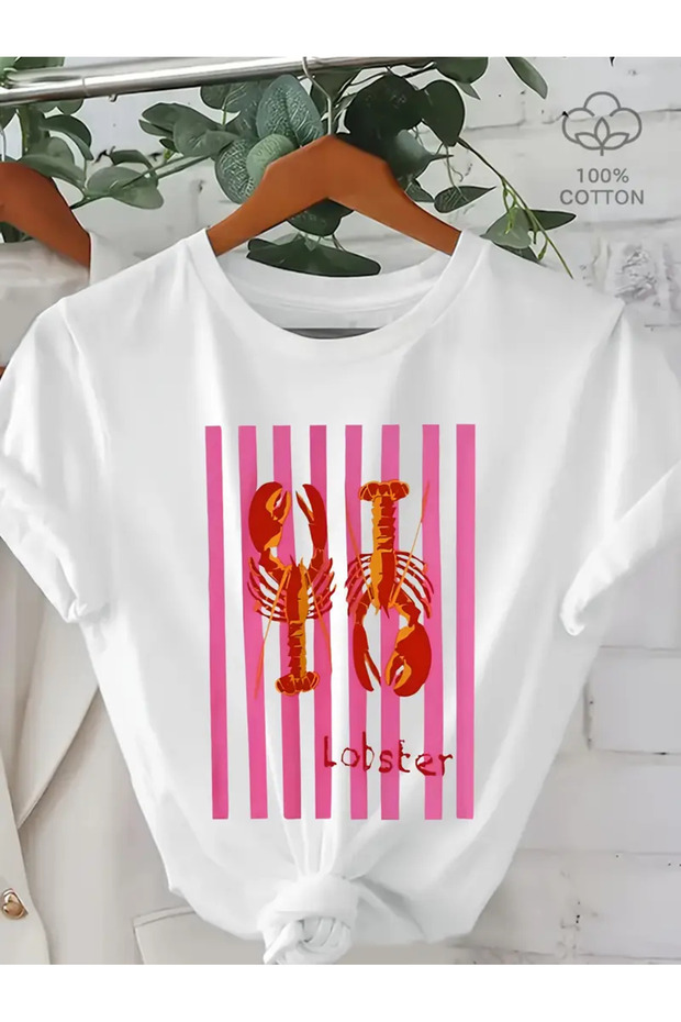 Unisex Lobster Printed Oversize Crew Neck T-Shirt