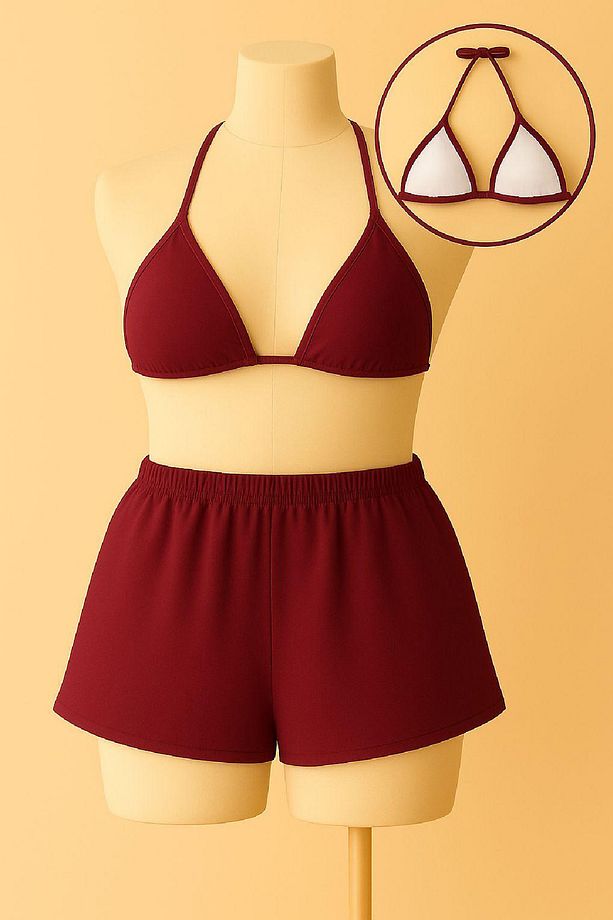 Mulvxbrf Brf02 Kadın Bordo Şortlu Belden Ve Boyundan Bağlamalı Bikini Takımı (Mulvix) - 2