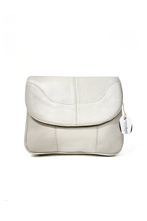 Women's Genuine Leather Cream Zippered 3 Compartment Crossbody Bag with Shoulder Strap