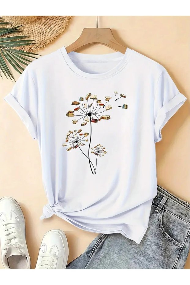 Book & Flower Design Printed Women's Cotton T-shirt